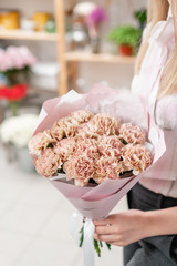 Bouquet of carnation flowers pastel color. Spring bunch in woman hand. Present for Mothers Day.