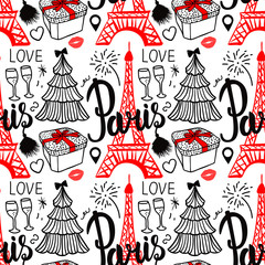 Lettering Paris and Eiffel Tower. Seamless pattern Merry Christmas and Happy new year fashion sketch gift box, tree and fireworks. Hand drawn Vector illustration isolated on white background.
