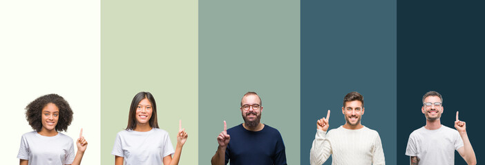 Collage of group of young people over colorful isolated background showing and pointing up with finger number one while smiling confident and happy.