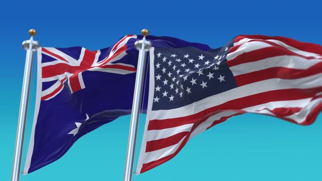 4k Seamless United States of America And Australia Flags with blue sky background,A fully digital rendering,The flag 3D animation loops at 20 seconds,USA AUS AU.
