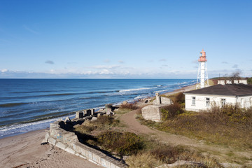 Fototapeta na wymiar Lighhouse on Baltic sea coast, Pape, Latvia.