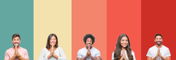 Collage of different ethnics young people over colorful stripes isolated background praying with...
