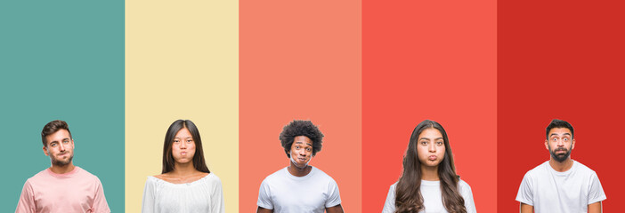 Collage of different ethnics young people over colorful stripes isolated background puffing cheeks with funny face. Mouth inflated with air, crazy expression.