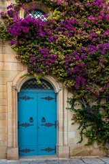 Fototapeta na wymiar Hausfassade mit Tür und Blumen in Mdina