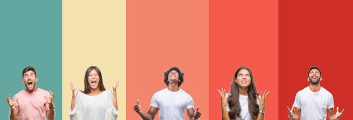 Collage of different ethnics young people over colorful stripes isolated background crazy and mad shouting and yelling with aggressive expression and arms raised. Frustration concept.