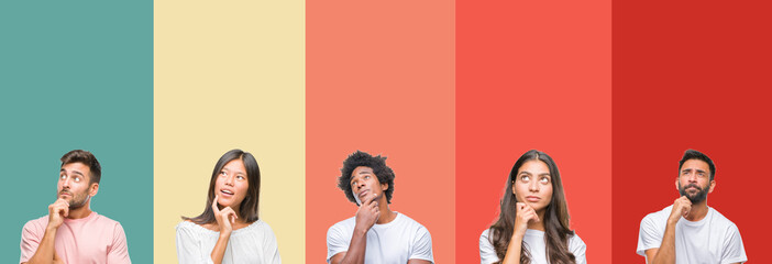 Collage of different ethnics young people over colorful stripes isolated background with hand on...