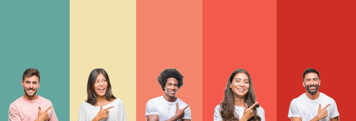 Collage of different ethnics young people over colorful stripes isolated background cheerful with a smile of face pointing with hand and finger up to the side with happy and natural expression on face
