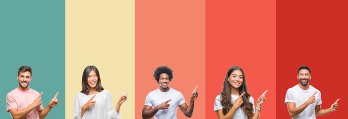 Collage of different ethnics young people over colorful stripes isolated background smiling and looking at the camera pointing with two hands and fingers to the side.