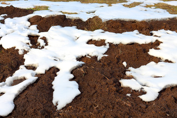 Surface from white snow and brown plowed ground. Сlose-up