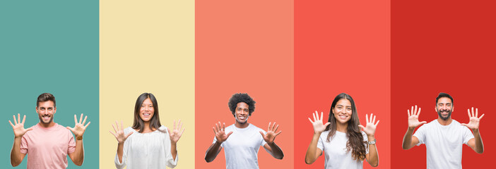 Collage of different ethnics young people over colorful stripes isolated background showing and...