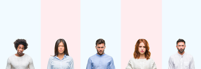 Obraz premium Collage of group of young people over colorful isolated background skeptic and nervous, frowning upset because of problem. Negative person.