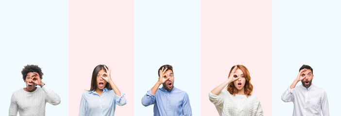 Collage of group of young people over colorful isolated background doing ok gesture shocked with surprised face, eye looking through fingers. Unbelieving expression.