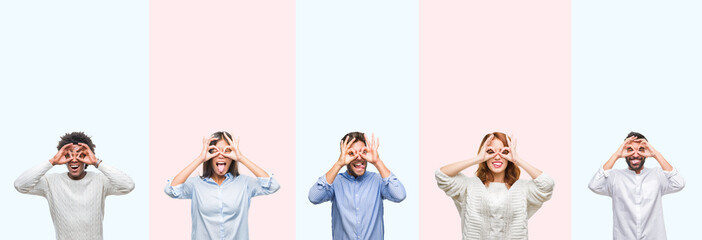 Collage of group of young people over colorful isolated background doing ok gesture like binoculars sticking tongue out, eyes looking through fingers. Crazy expression.