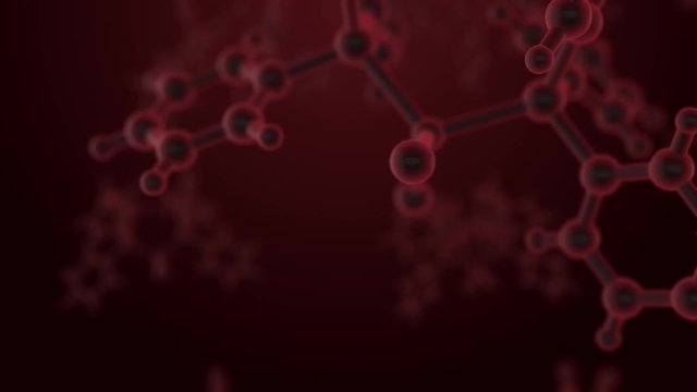 Molecule structure under microscope, floating in fluid with red background