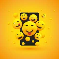 Various Smiling Happy Yellow Emoticons in Front of a Smartphone Screen, Vector Concept Illustration