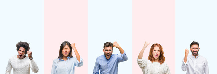 Collage of group of young people over colorful isolated background angry and mad raising fist frustrated and furious while shouting with anger. Rage and aggressive concept.