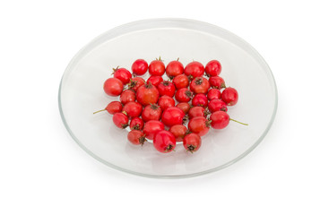Fruits of hawthorn on glass saucer on a white background