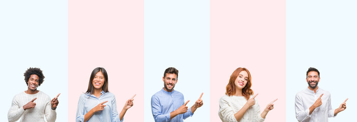 Collage of group of young people over colorful isolated background smiling and looking at the camera pointing with two hands and fingers to the side.