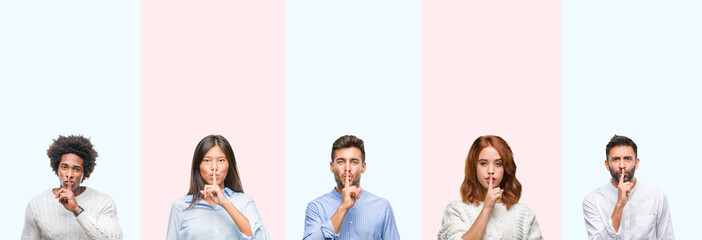 Collage of group of young people over colorful isolated background asking to be quiet with finger...