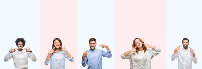 Collage of group of young people over colorful isolated background smiling confident showing and...