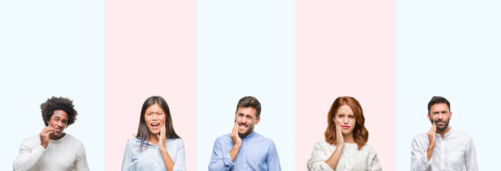 Obraz premium Collage of group of young people over colorful isolated background touching mouth with hand with painful expression because of toothache or dental illness on teeth. Dentist concept.