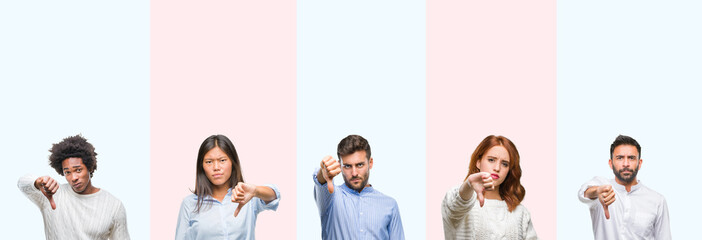 Obraz premium Collage of group of young people over colorful isolated background looking unhappy and angry showing rejection and negative with thumbs down gesture. Bad expression.