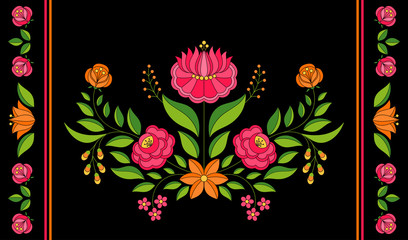 Hungarian folk pattern vector. Kalocsa floral ethnic ornament. Traditional slavic eastern european print on black background. Rectangular vintage flowers design for lumbar pillow case.