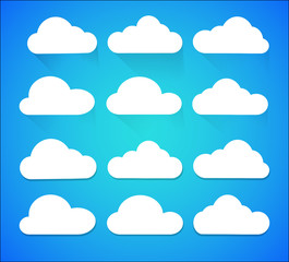 Set of  cloud icons isolated on blue background, vector illustration