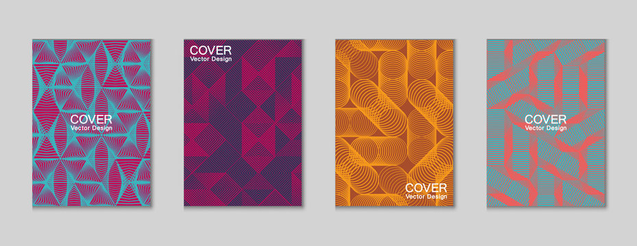 Halftone shapes minimal geometric cover templates set graphic design. Halftone lines grid vector background made of triangle, hexagon, rhombus and circle shapes. Future geometric cover backgrounds.