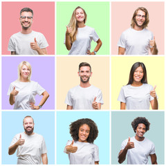 Fototapeta na wymiar Collage of group people, women and men over colorful isolated background doing happy thumbs up gesture with hand. Approving expression looking at the camera showing success.