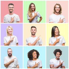 Collage of group people, women and men over colorful isolated background cheerful with a smile of face pointing with hand and finger up to the side with happy and natural expression on face