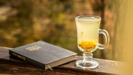 Cozy still life: cup of hot sea buckthorn tea and book Bible on vintage windowsill against warm landscape from outside.