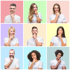 Fototapeta na wymiar Collage of group people, women and men over colorful isolated background looking confident at the camera with smile with crossed arms and hand raised on chin. Thinking positive.