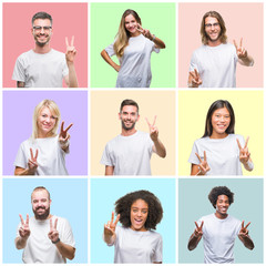 Collage of group people, women and men over colorful isolated background smiling looking to the camera showing fingers doing victory sign. Number two.