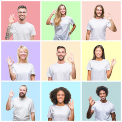 Fototapeta na wymiar Collage of group people, women and men over colorful isolated background smiling positive doing ok sign with hand and fingers. Successful expression.