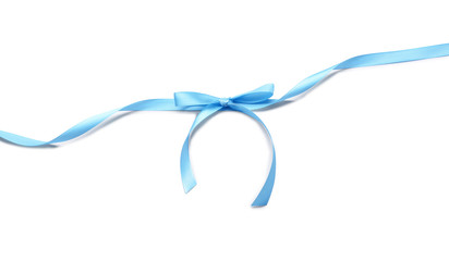 Blue ribbon with bow on white background