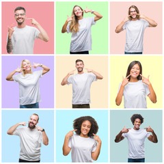 Collage of group people, women and men over colorful isolated background smiling confident showing...