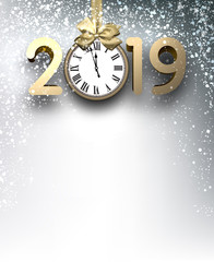 Grey 2019 New Year background with gold clock and snow.
