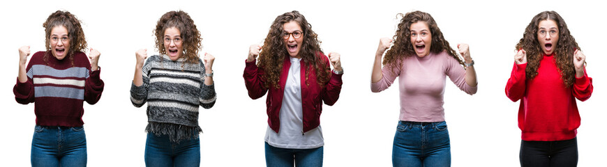 Collage of young brunette curly hair girl over isolated background celebrating surprised and amazed for success with arms raised and open eyes. Winner concept.