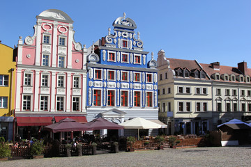 Buildings of Szczecin old town, west Poland, with renovated city market architecture. - obrazy, fototapety, plakaty