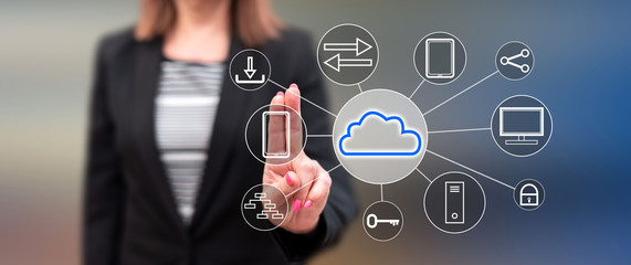 Woman touching a cloud computing concept