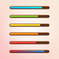 Set of six game resource bar in wooden frame with diagonal stripes. Cartoon style gui elements for mobile game. Vector design template for game, web development.