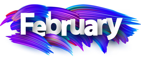 February banner with blue brush strokes.