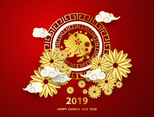 Obraz na płótnie Canvas Happy chinese new year 2019 banner card pig gold vector graphic and background