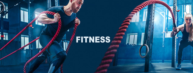 Collage about man and woman with battle ropes exercise in the fitness gym. CrossFit concept. gym,...