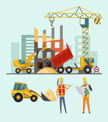 Builders on the construction site. Building work process with houses and construction machines. Vector illustration with people.