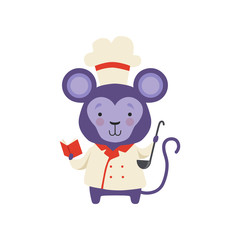 Cute monkey in chef uniform holding book with recipes and ladle, cartoon animal character cooking vector Illustration on a white background