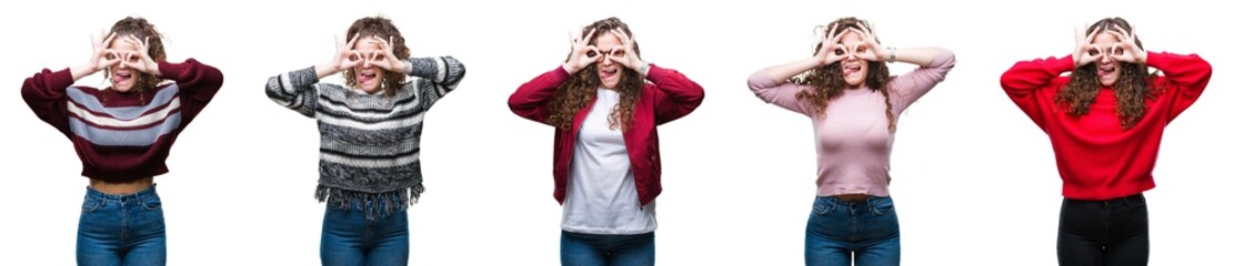 Collage of young brunette curly hair girl over isolated background doing ok gesture like binoculars sticking tongue out, eyes looking through fingers. Crazy expression.