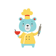 Cute bear in chef uniform holding rolling pin and bowl, cartoon animal character cooking vector Illustration on a white background