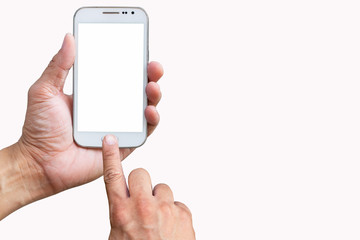 mobile phone in hand and finger touch screen on white background